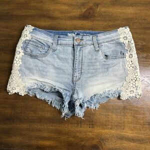 Mossimo High Rise Denim Shorts Light Wash Crochet Lace Side Frayed Hem Size 14